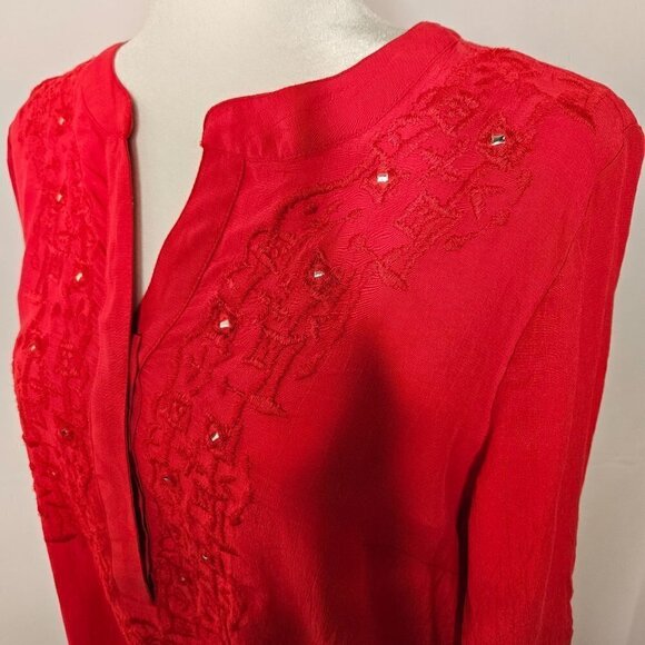 Chico's Size 1 Medium Embroidery Red Tie Front Long Sleeve Top Cottagecore - Picture 3 of 9